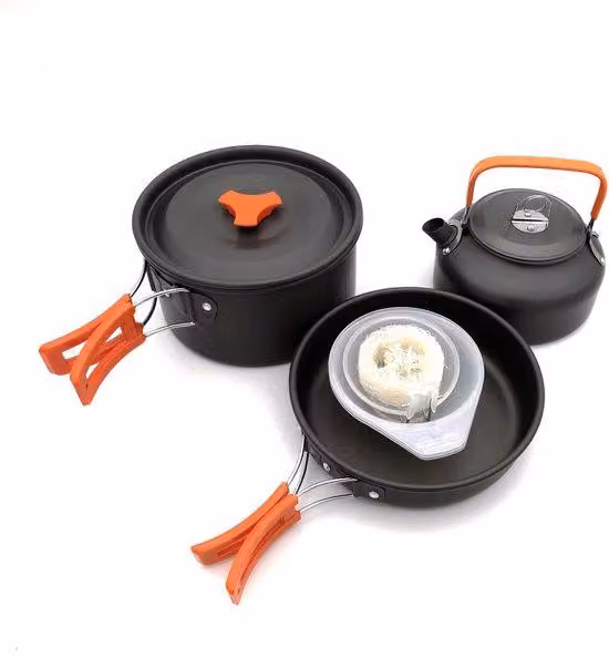 Set da cucina da campeggio per 2-3 persone, con caffettiera, stoviglie in alluminio, set da cucina da campeggio, 3 pezzi, portatile, arancione