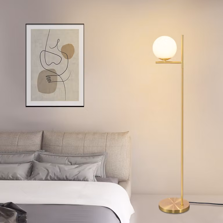 ZMH lampada da terra oro 1 fiamma moderna E27 lampada da terra vintage con paralumi in vetro bianco interruttore a pedale metallo per soggiorno camera da letto ufficio