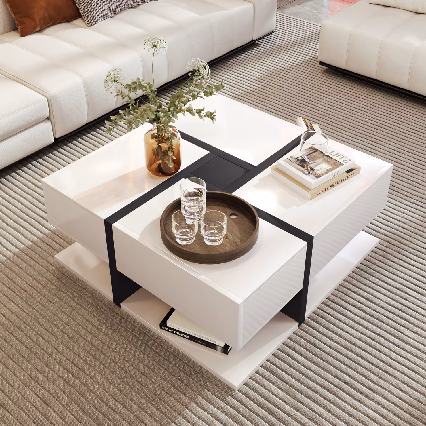 Tavolino Merax lucido con cassetti nascosti, tavolino con design geometrico, lucido con zoccolo, tavolino da salotto bianco e nero