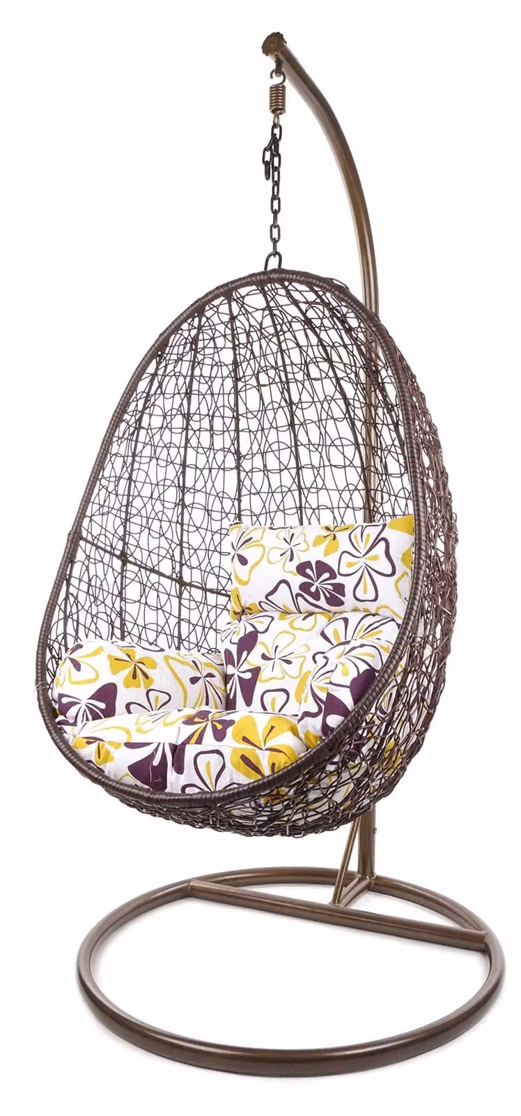 Sedia a dondolo completa - Struttura in rattan sintetico marrone - Include cuscino decorato con fiori - Materiali: metallo e rattan - Adatta sia per interni che per esterni