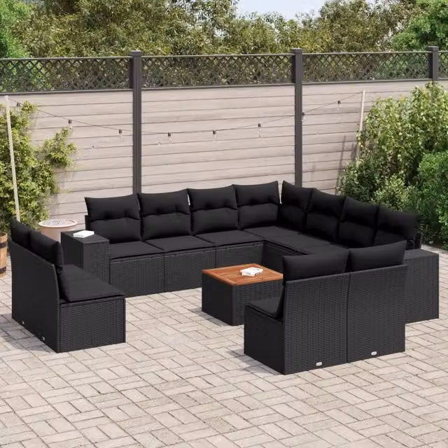 Set di divani da giardino VIDAXL in polyrattan nero con cuscini, 12 posti