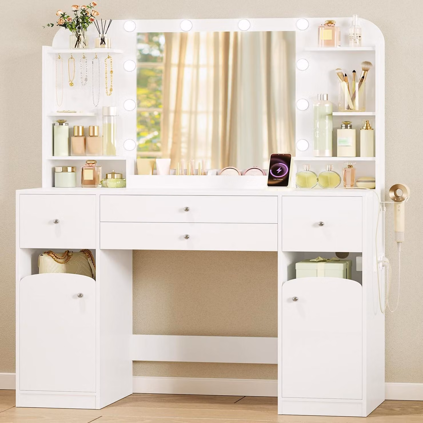 Comò da trucco con illuminazione a LED, piano del tavolo da 108 cm, 2 cassetti, 2 ante, colore bianco