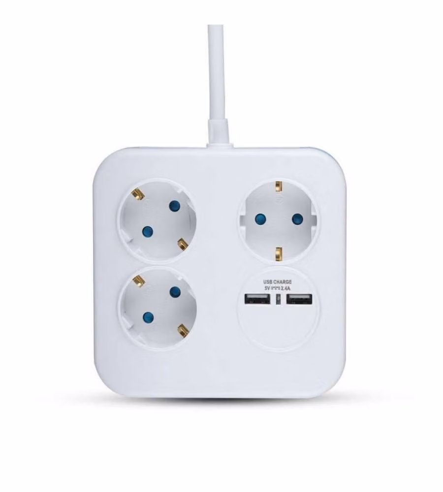 Multipresa Quadrata con Cavo 1,4 mt 3 Prese Shuko e 2 USB e Spina Shuko Colore Bianco