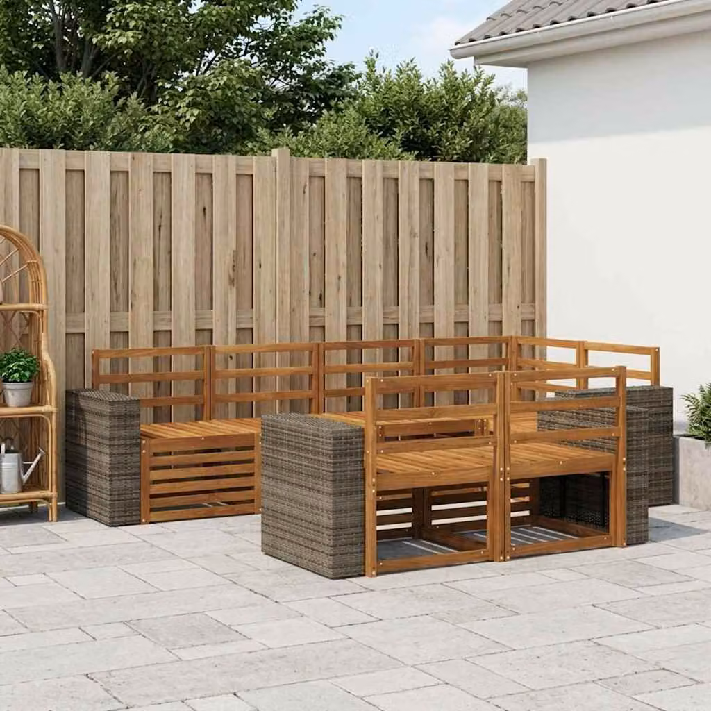 Set di divani da esterno vidaXL a forma di L composto da 7 pezzi in legno di acacia e tessuto resistente ai raggi UV colore naturale con cuscini inclusi