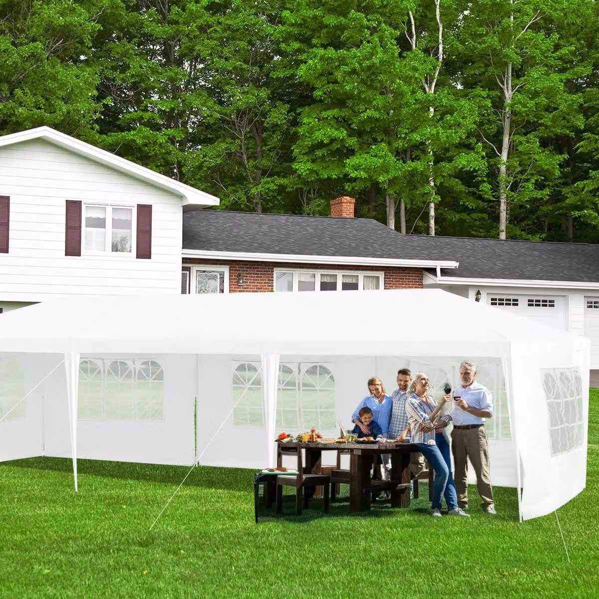 Tenda da giardino da 3 x 9 m, tenda da giardino con 5 pareti laterali rimovibili, colore bianco