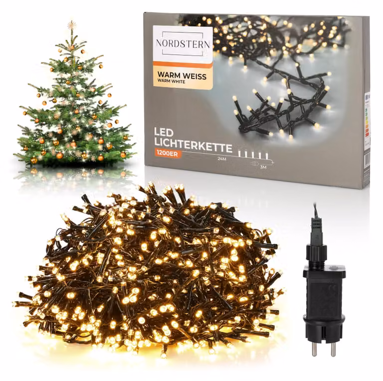 Catena luminosa a LED, modello "Cluster", con 1200 LED bianco caldo, lunghezza 24 metri