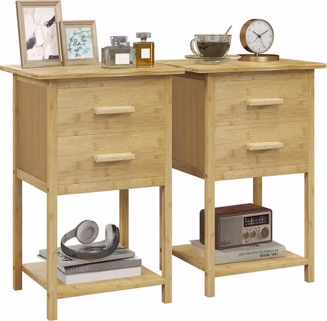 Comodino Zephmum in bambù con 2 cassetti e ripiano, colore beige, L 40 cm x P 34 cm x H 60 cm