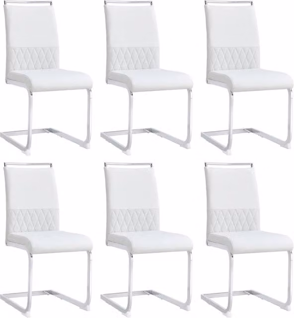 Set di 6 Sedie Moderne per Sala da Pranzo con Schienale Alto in PU e Lino, Design a Strisce Trasversali, Colore Bianco