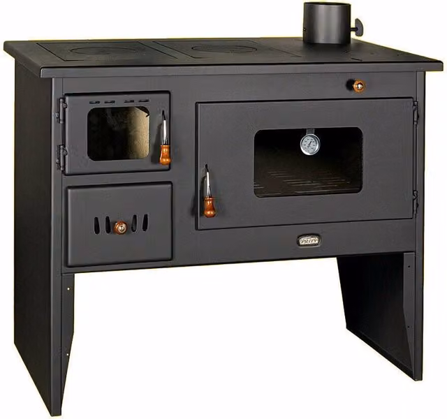 Stufa a legna Prity 2P50 nera con ante e binari per cucinare e riscaldare, potenza termica 16kw