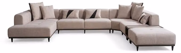 Divano ad angolo a forma di "U", beige, in tessuto, con struttura in legno, design moderno e contemporaneo, tinta unita, confortevole