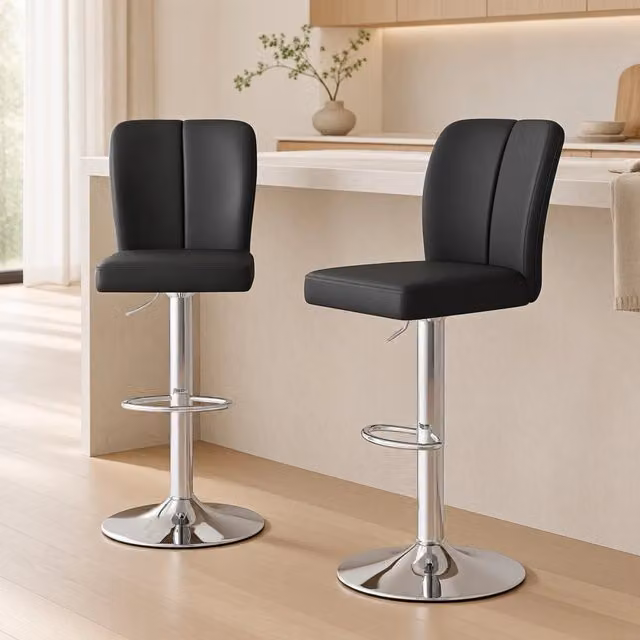 Set 2 sgabelli da bar ULEVR regolabili e girevoli 360¡ã, seduta 63-85 cm, similpelle PU nera e metallo argento