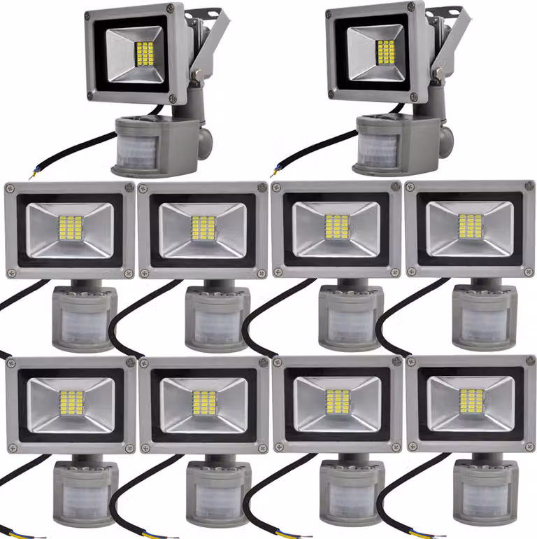 Greenmigo 10x faretti LED da 20 W + sensore di movimento, luce bianca fredda, illuminazione di oggetti, faretti da esterno, faretti da parete, proiettori, lampade da giardino, IP65, 85 V-265 V
