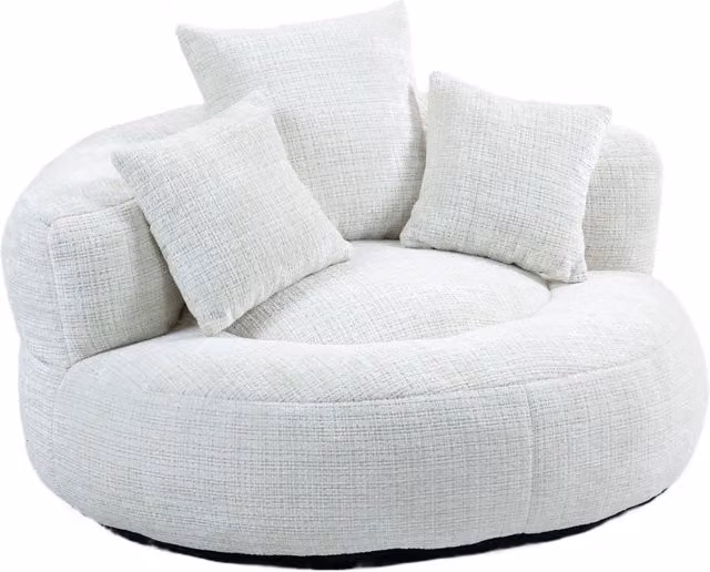 Poltrona lounge con pouf, seduta ergonomica con schienale alto e braccioli in ciniglia beige L: 108 cm, P: 108 cm, H: 52 cm