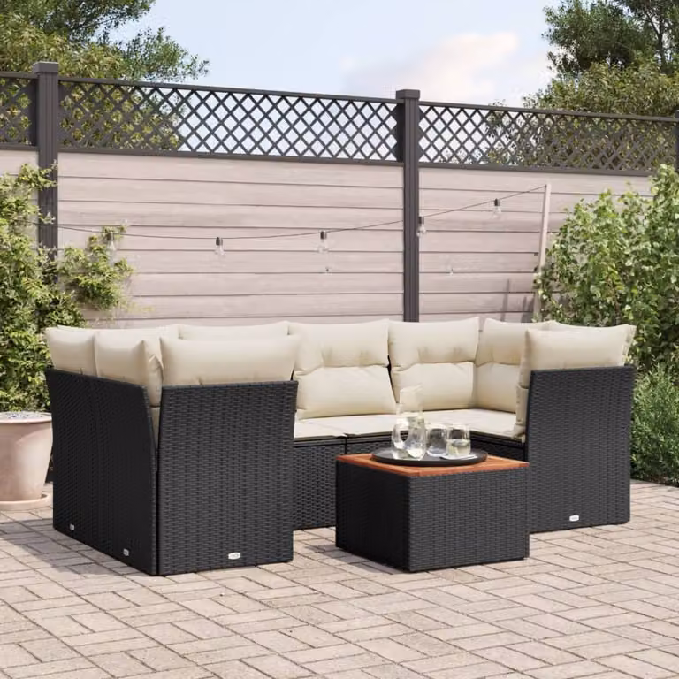 Set Divani da Giardino vidaXL a Forma di L con Tavolino e 7 Cuscini in Polyrattan Nero