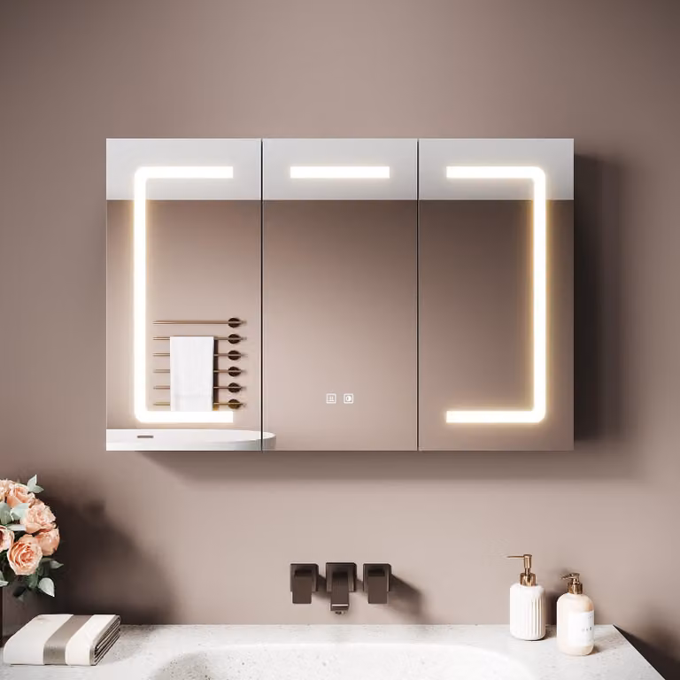 SONNI 90 x 60 x 12,5 cm Armadio a specchio in legno a tre ante n. 4 Marrone chiaro Funzione antiappannamento Presa di ricarica per rasoi