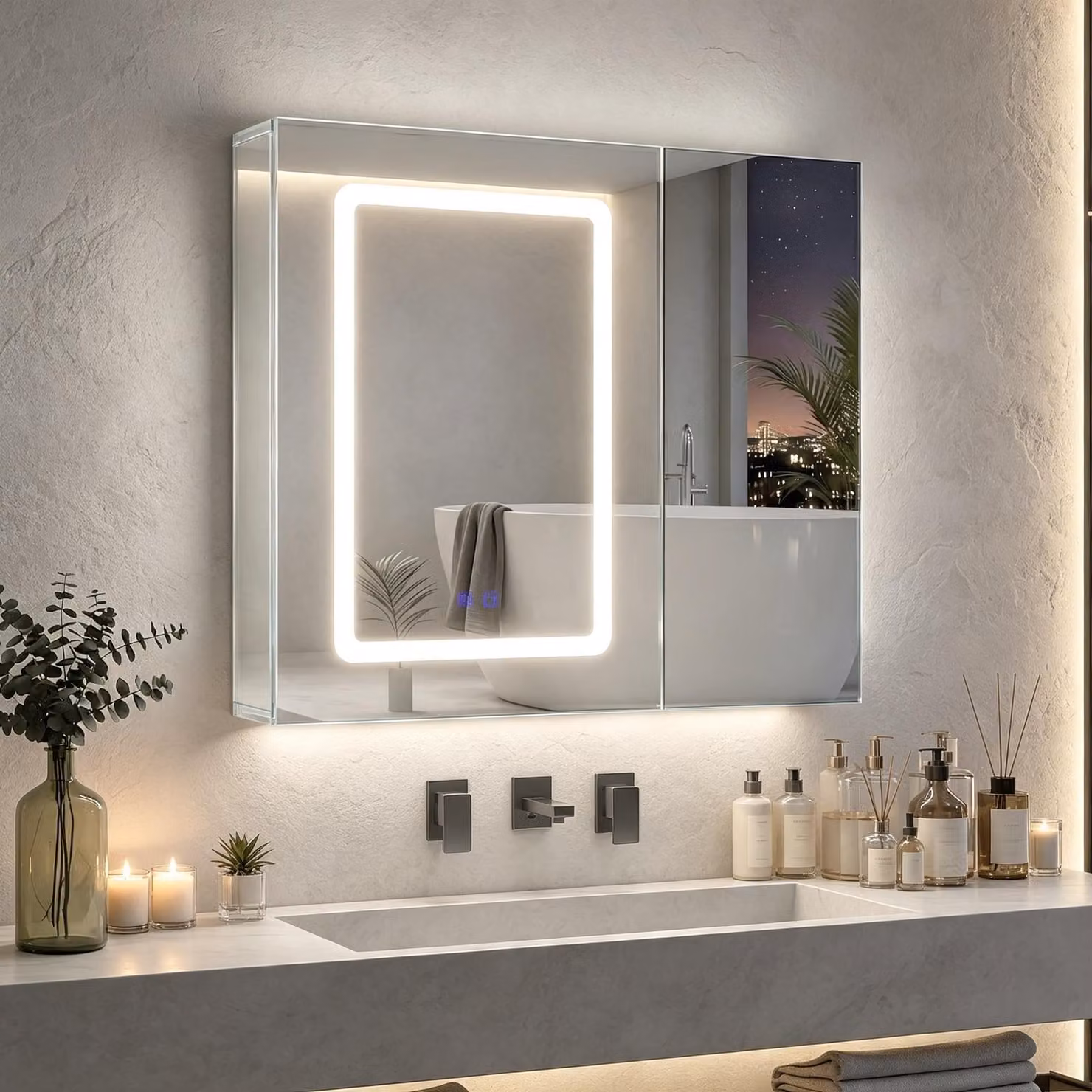 INONEFT, mobiletto specchio da bagno, 70 cm, con illuminazione. Mobiletto specchio per il bagno con specchio su entrambi i lati e ripiano regolabile, 2 ante, sensore touch
