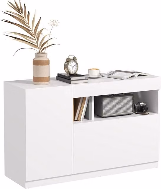 Credenza Moderna Bassa con Ante Ammortizzate e Apertura a Pressione, Ripiani Regolabili, Bianco