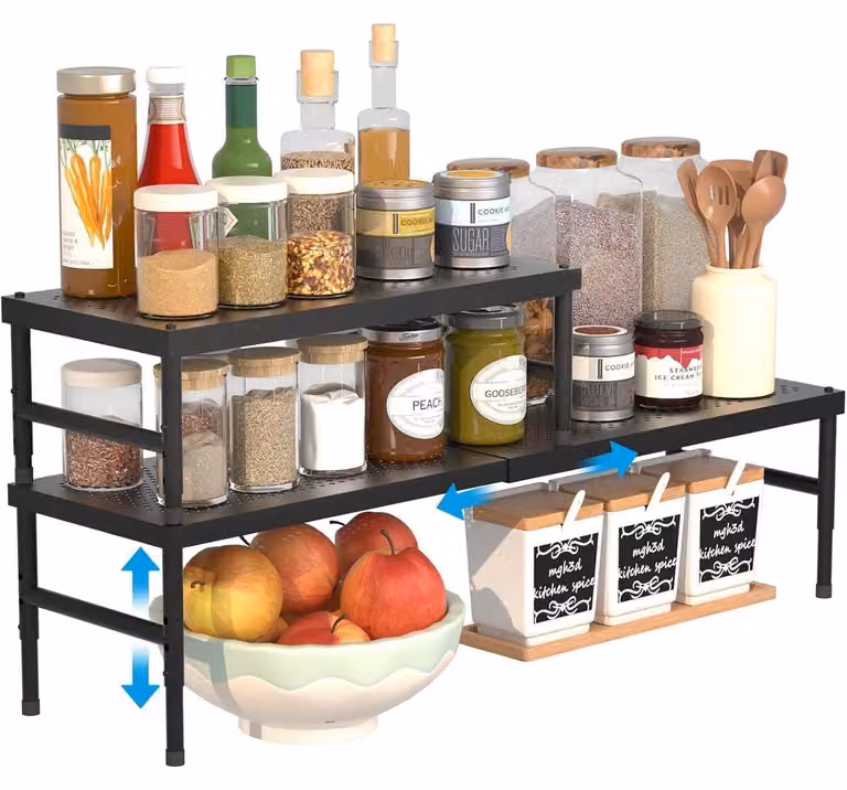 Set di 2 scaffali per armadio, colore nero, estensibile da 42 a 72 cm, regolabile, impilabile, acciaio inossidabile, capacità di carico: 30 kg
