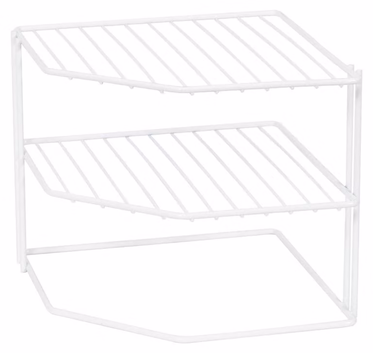 Scaffale angolare per cucina, organizer in filo di metallo bianco, dimensioni 24x23x20,3 cm