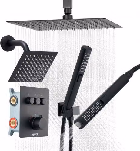 Set Doccia VEVOR con Sistema a Pioggia da 30,4 cm, Soffione a Parete, Doccetta e Termostato, 3 Funzioni, Finitura in Ottone e Acciaio Inox, Nero Opaco