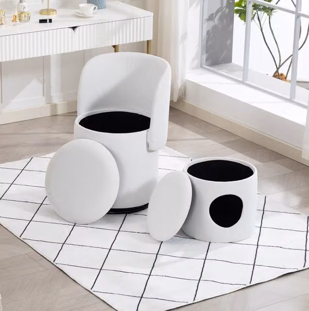 Sgabello imbottito a botte con rotazione 360°, contenitore interno e funzionalità multifunzionale per camera da letto e sala da pranzo