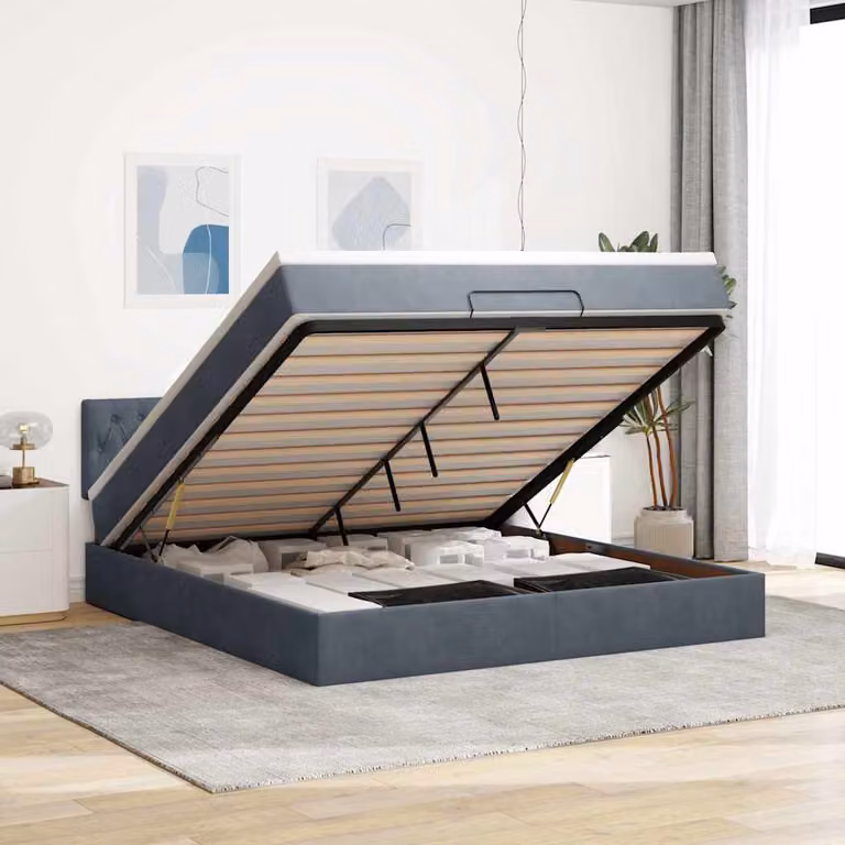 Struttura Letto con Materasso e Contenitore a Sollevamento vidaXL in Velluto Grigio e Bianco L/P/H: 203 x 160 x 88 cm