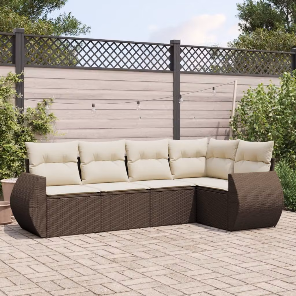 Set Divano da Giardino vidaXL 5 pz a Forma a L in Polyrattan Marrone con Cuscini Bianchi e Rivestimenti Rimovibili – 1