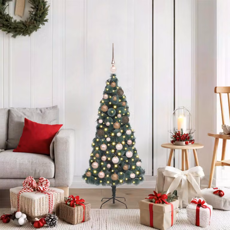Albero di Natale artificiale preilluminato con LED vidaXL, colore verde con decorazioni bianche, Altezza: 120 cm