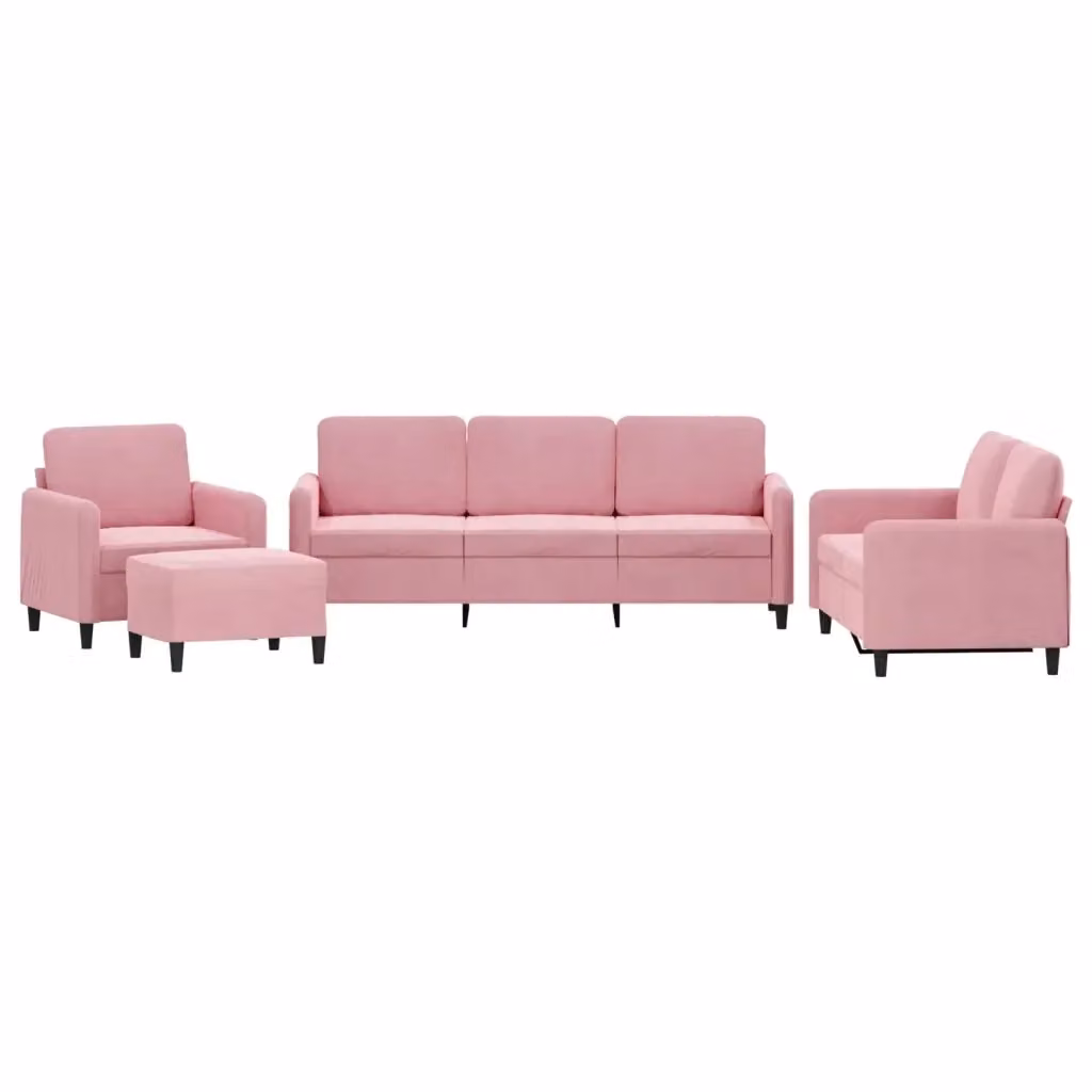 Set di divani vidaXL 4 pezzi in velluto rosa con pouf e cuscini per soggiorno in stile moderno – 2