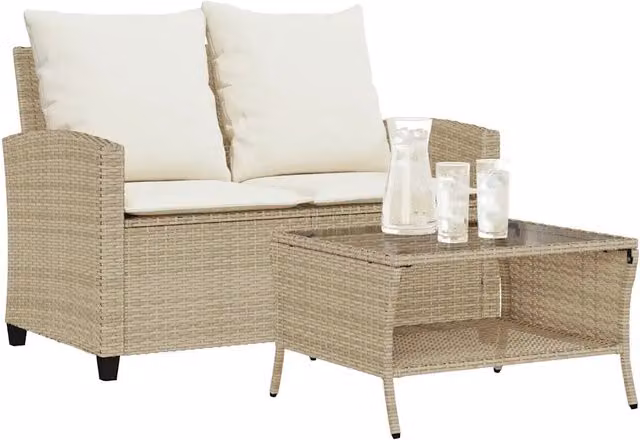 Divano Giardino 2 Posti con Cuscini e Tavolo Beige Polyrattan 4103849