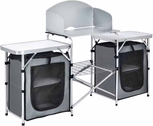 Tavolo da Campeggio Pieghevole con Organizer e Paravento in Alluminio e Acciaio Grigio Portatile per Picnic e Giardino