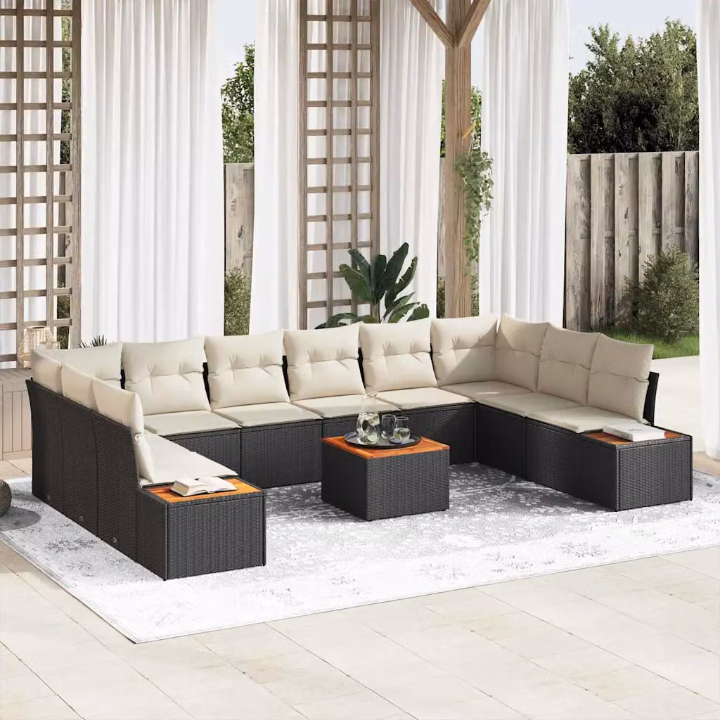 Set Divano da Giardino vidaXL a Forma a U con 10 Posti, Colore Nero e Beige, con Cuscini e Tavolino da Esterno – 1