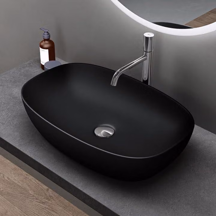 doporro Lavabo da Appoggio in Vetroceramica Nero Opaco 60 cm, Lavandino Bagno Brüssel104