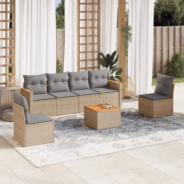 vidaXL Set Divani da Giardino 7 pz in Polyrattan con Cuscini Beige e Grigio e Tavolino da Esterno – 1