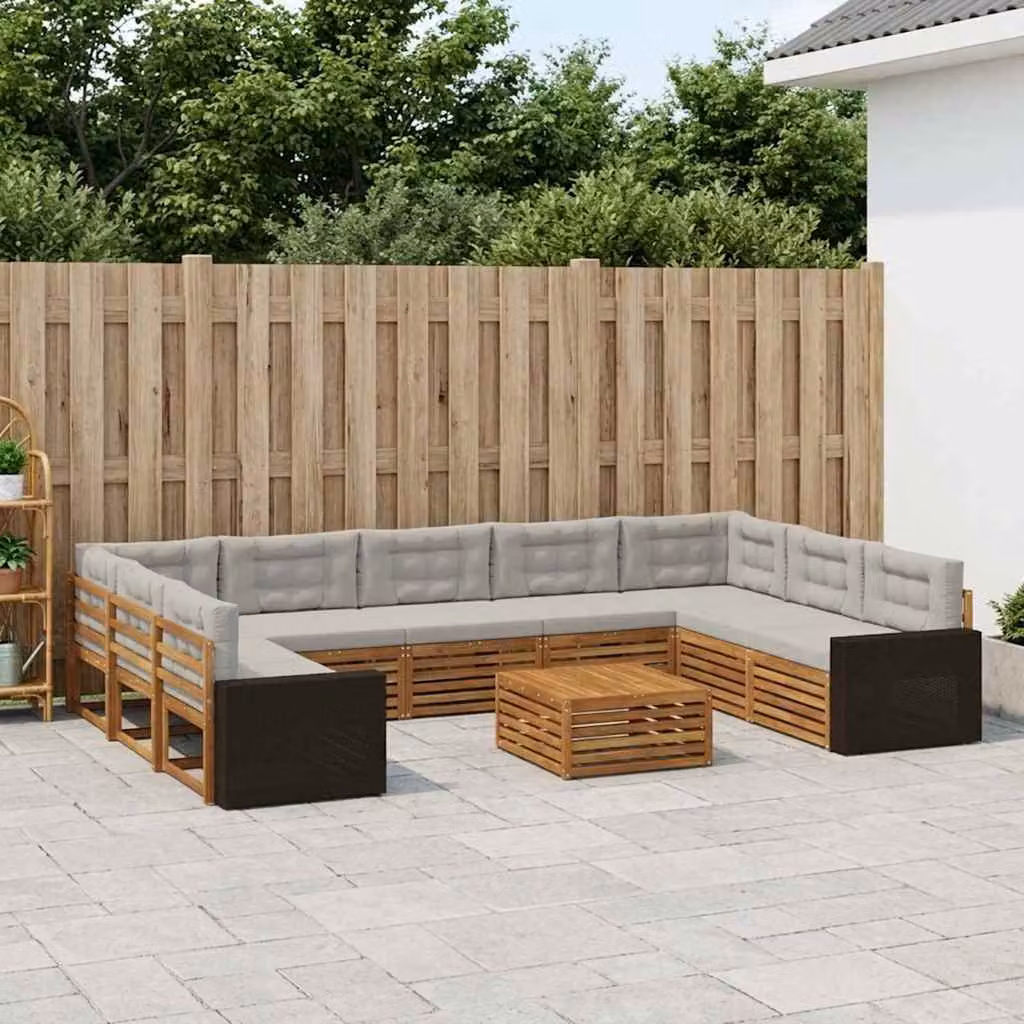 Set di divani da esterno vidaXL in legno di acacia, 10 pezzi, colore naturale e grigio