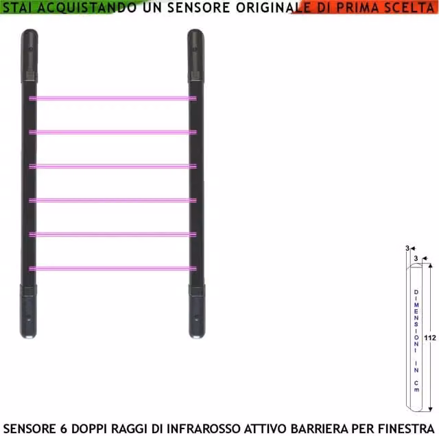 Barriera Infrarossi Attivi Securvera a 6 Multifasci con Relè Libero e Funzione Tamper, Disponibile in Nero o Bianco, H 112 cm x L 3 cm x P 3 cm