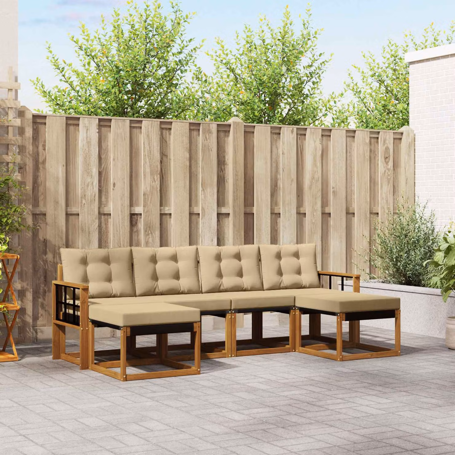 vidaXL Set di divani da esterno 6 pz a forma di L in legno di acacia con cuscini, colore marrone e beige