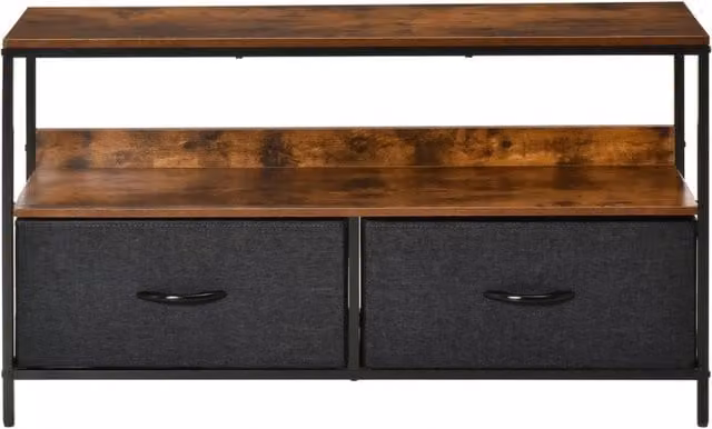 Mobile TV basso con cassetti pieghevoli, struttura in MDF e metallo, 98x29x56 cm, supporta TV fino a 47 pollici
