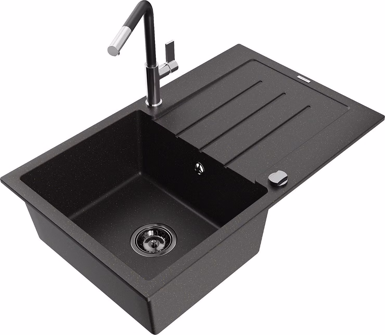 Mexen Bruno lavello in granito a 1 vasca con scolapiatti e rubinetto da cucina Flora, nero/oro metallizzato