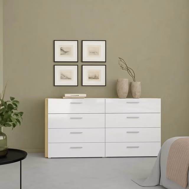 Credenza Aligon DMORA, Buffet e Madia per Soggiorno o Cucina, Quercia e Bianco lucido, L: 140 cm, P: 40 cm, H: 83 cm