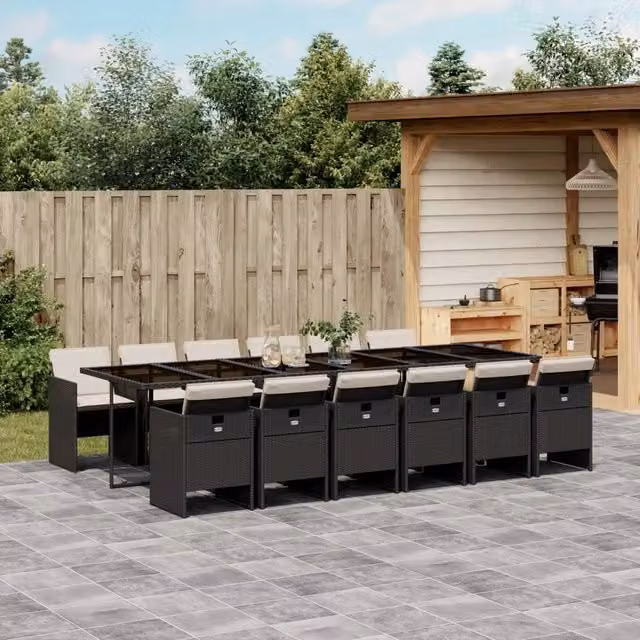 Set da pranzo da giardino vidaXL in polyrattan nero con cuscini bianchi e tavolo in vetro