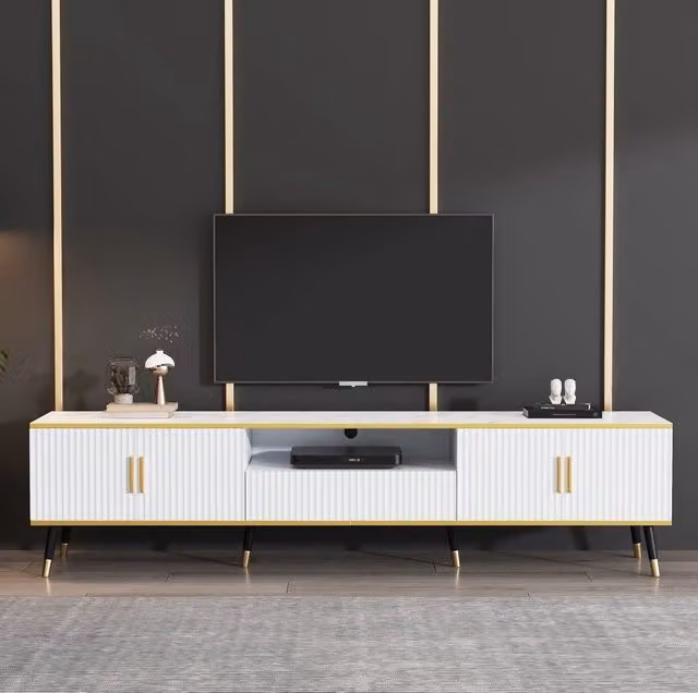 Mobile TV ULEVR 200x40x46 cm con 2 ante, cassetto e vano aperto, effetto marmo bianco e dettagli dorati
