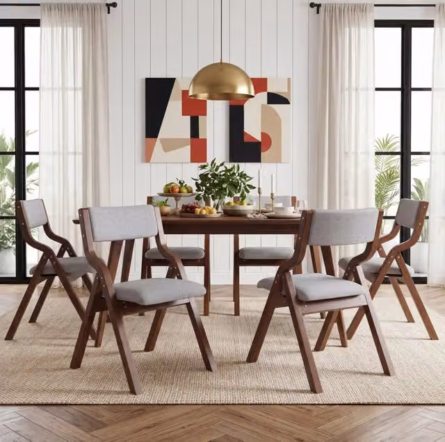 Set di 4 sedie da pranzo pieghevoli in legno massello con rivestimento in lino grigio