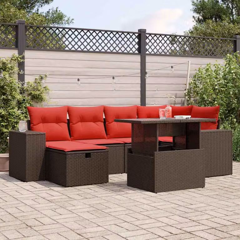 Set di divani da giardino vidaXL composto da 7 pezzi con cuscini in polyrattan marrone