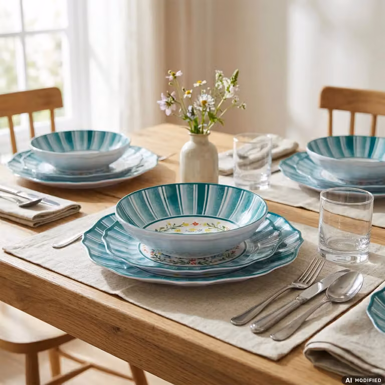 Servizio di piatti in melamina Gusto Casa con motivo floreale, 12 pezzi, colore turchese