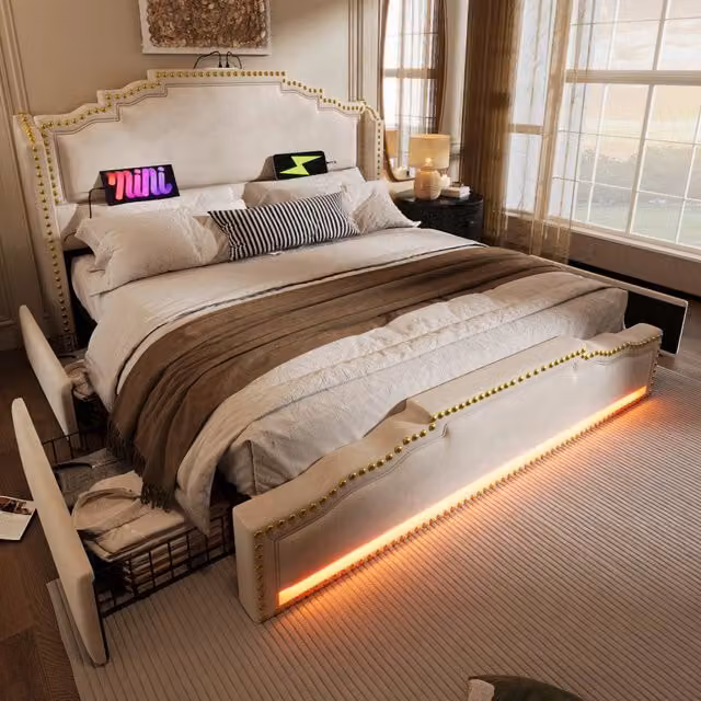 Letto matrimoniale contenitore in velluto beige con illuminazione LED, porte USB e 4 cassetti L/P: 140 x 200 cm