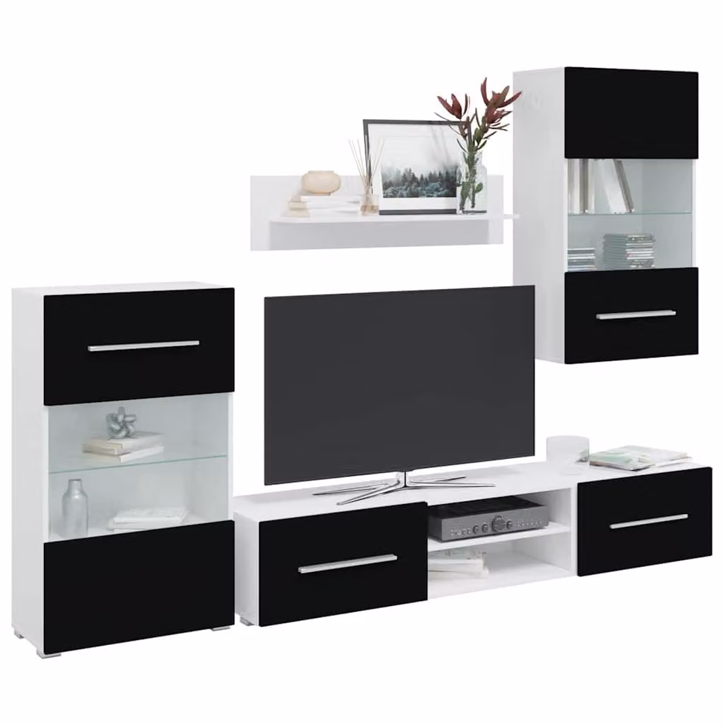 vidaXL Mobile Unità TV Moderna in 5 Pezzi con Illuminazione a LED Nero Opaco
