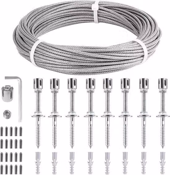 Supporto per piante di corda in acciaio inossidabile 304 completo di supporto per parete e cavo di acciaio 3 mm per piante di corda - 8 supporti 12 corda
