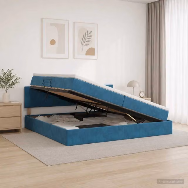 Letto con contenitore e illuminazione LED vidaXL in velluto blu con porta USB e materasso a molle L/P/H: 200 x 200 x 140 cm – 1