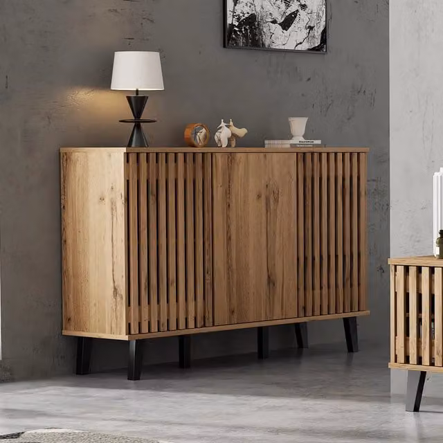Madia moderna MIVRAY con 3 ante e 6 vani in effetto legno naturale, colore marrone e nero, ideale per soggiorno, camera da letto o ufficio, L/P/H: 150 x 40 x 95 cm